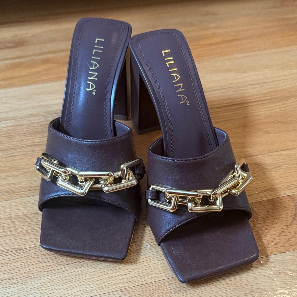 Liliana Dark Brown Open Toe Square Heels with Gold Chain Accent